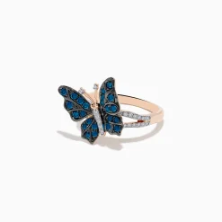 Effy Jewelry Bella Bleu 14K Rose Gold White and Blue Diamond Butterfly Ring | Rings