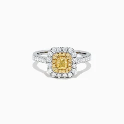 BH Multi Canare 18K Two Tone Gold Cushion Double Halo Yellow Diamond Ring, 0.97 TCW | Rings