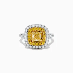Effy Jewelry Canare 14k Two Tone Gold Cushion Cut Double Halo Yellow Diamond Ring 1.86 TCW | Rings