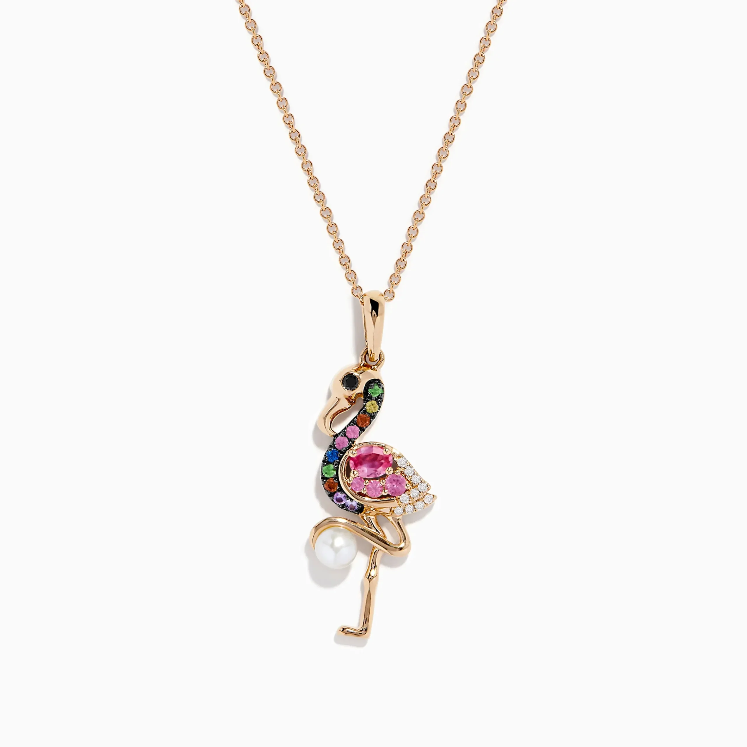 Effy Jewelry 14K Rose Gold Multi Color Sapphire, Pearl and Diamond Flamingo Pendant | Necklaces & Pendants