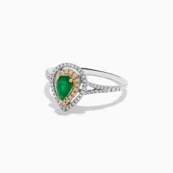 Effy Jewelry 14K White and Yellow Gold Pear Shaped Double Diamond Halo Emerald Ring | Rings