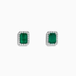 BH Multi 14K White Gold Diamond Halo Emerald Stud Earrings, 2.15 TCW | Earrings