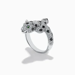 Effy Jewelry 14K White Gold Emerald, White and Black Diamond Panther Ring | Rings