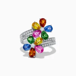 Effy Jewelry 14K White Gold Multi Sapphire and Diamond Flower Ring | Rings