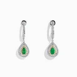 Effy Jewelry 14K White u0026 Yellow Gold Pear Shaped Double Diamond Halo Emerald Drop Earrings | Earrings