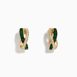 Effy Jewelry 14K Yellow Gold Emerald and Diamond Crossover Hoop Earrings 1/2" | Earrings