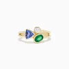 BH Multi 14K Yellow Gold Tri Stone Diamond, Emerald and Tanzanite Ring | Rings