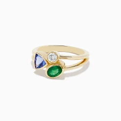 BH Multi 14K Yellow Gold Tri Stone Diamond, Emerald and Tanzanite Ring | Rings