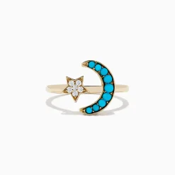 BH Multi 14K Yellow Gold Turquoise and Diamond Moon and Star Ring, 0.32 TCW | Rings