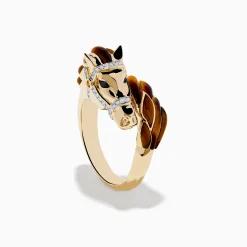 Effy Jewelry 14K Yellow Gold White and Black Diamond Tiger Eye Horse Ring | Mens