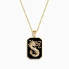 Effy Jewelry Men's 14K Yellow Gold White and Black Diamond Agate Dragon Dog Tag Pendant | Mens