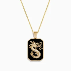 Effy Jewelry Men's 14K Yellow Gold White and Black Diamond Agate Dragon Dog Tag Pendant | Mens