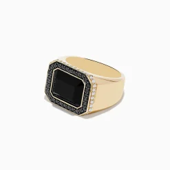 Effy Jewelry Men's 14K Yellow Gold White and Black Diamond Onyx Ring | Mens