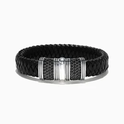 Effy Jewelry Men's Sterling Silver and Leather Black Sapphire Bracelet, 2.70 TCW | Mens