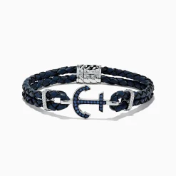 Effy Jewelry Men's Sterling Silver Woven Leather Sapphire Anchor Bracelet, 0.52 TCW | Mens