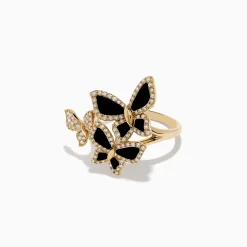 Effy Jewelry Nature 14K Yellow Gold Onyx and Diamond Multi Butterfly Ring | Rings