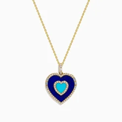 Effy Jewelry Novelty 14K Yellow Gold Lapis, Turquoise and Diamond Heart Pendant | Necklaces & Pendants