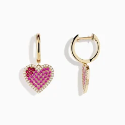 Effy Jewelry Novelty 14K Yellow Gold Ruby, Pink Sapphire and Diamond Heart Earrings | Earrings
