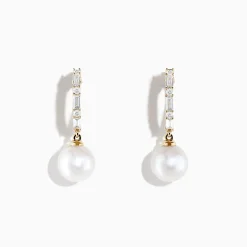 Effy Jewelry Pearl 14 Karat Yellow Gold Pearl and Diamond Hoop Earrings | Earrings