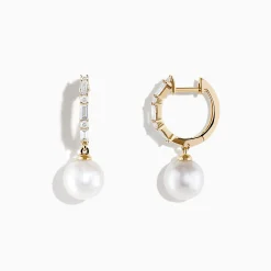 Effy Jewelry Pearl 14 Karat Yellow Gold Pearl and Diamond Hoop Earrings | Earrings