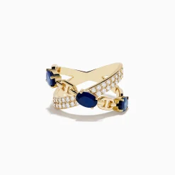 Effy Jewelry Royal Bleu 14K Yellow Gold Sapphire and Diamond Criss Cross Chain Link Ring | Rings