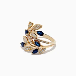 Effy Jewelry Royale Bleu 14K Yellow Gold Blue Sapphire and Diamond Leaf Ring | Rings