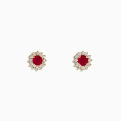Effy Jewelry Ruby Royal 14K Yellow Gold Round Diamond Halo Ruby Stud Earrings, 0.89 TCW | Earrings