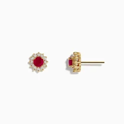 Effy Jewelry Ruby Royal 14K Yellow Gold Round Diamond Halo Ruby Stud Earrings, 0.89 TCW | Earrings