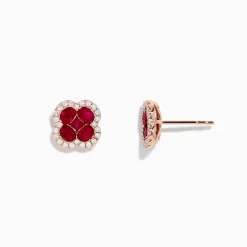 Effy Jewelry Ruby Royale 14K Rose Gold Ruby and Diamond Flower Stud Earrings | Earrings