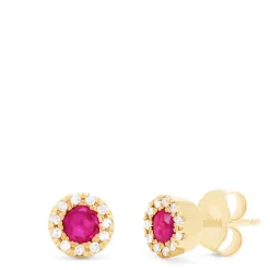 Effy Jewelry Ruby Royale 14K Yellow Gold Round Diamond Halo Ruby Stud Earrings, 0.47 TCW | Earrings