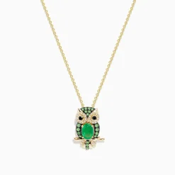 BH Multi Safari 14K Yellow Gold Emerald and Diamond Owl Pendant | Necklaces & Pendants