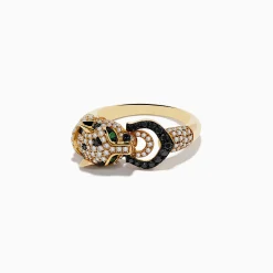 Effy Jewelry Signature 14K Yellow Black and White Diamond and Emerald Panther Ring | Rings