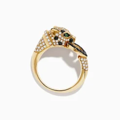 Effy Jewelry Signature 14K Yellow Black and White Diamond and Emerald Panther Ring | Rings