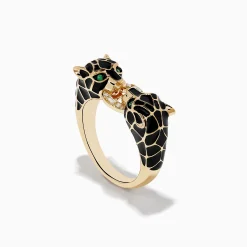 Effy Jewelry Signature 14K Yellow Gold Emerald and Diamond Black Enamel Panther Ring | Rings