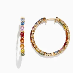 BH Multi Watercolors 14K Yellow Gold Multi Sapphire 1" Hoop Earrings, 6.18 TCW | Earrings