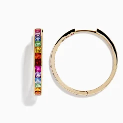 BH Multi Watercolors 14K Yellow Gold Multi Sapphire 1" Hoop Earrings, 4.79 TCW | Earrings